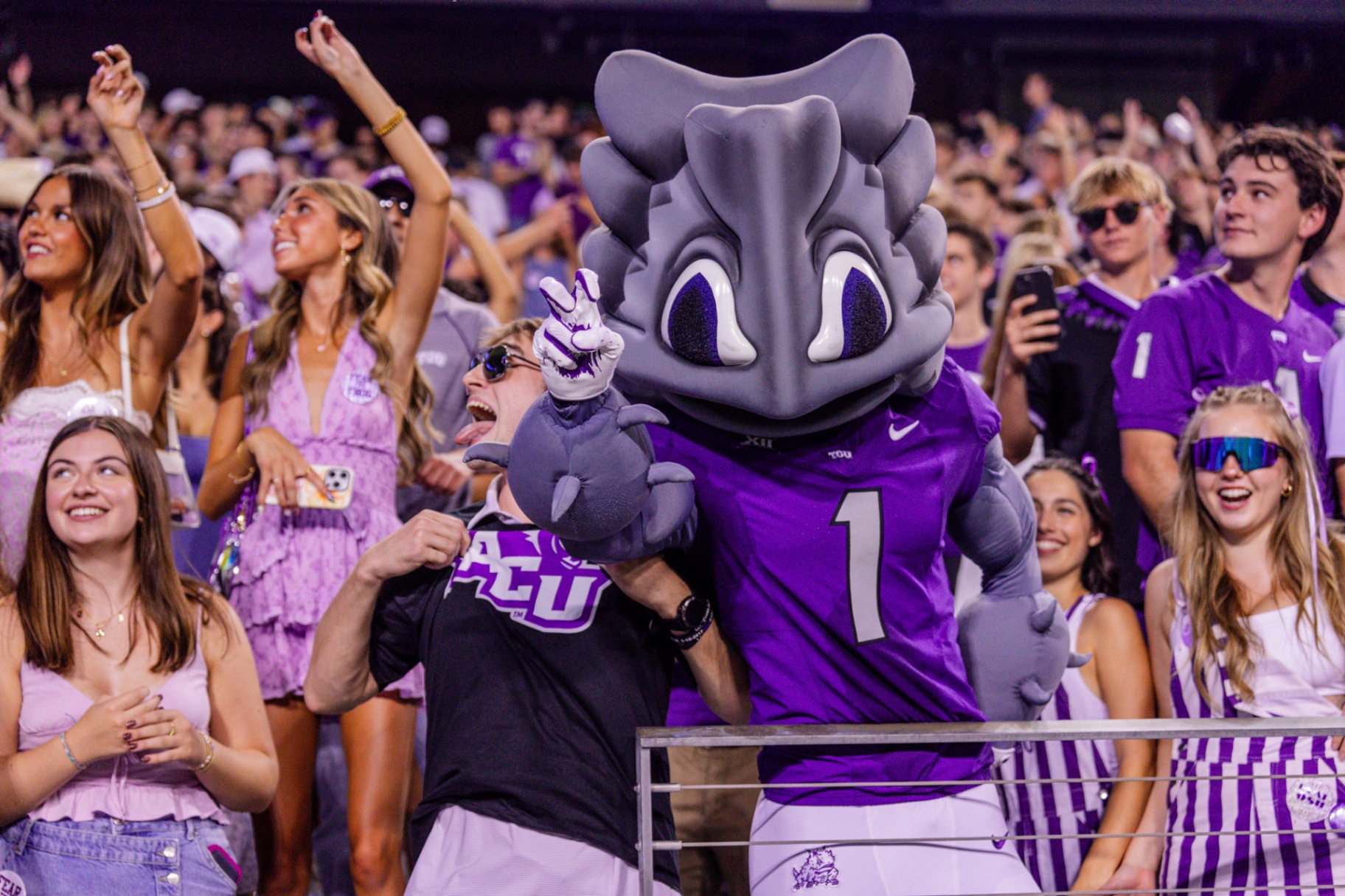 TCU mascot with fans in the stands