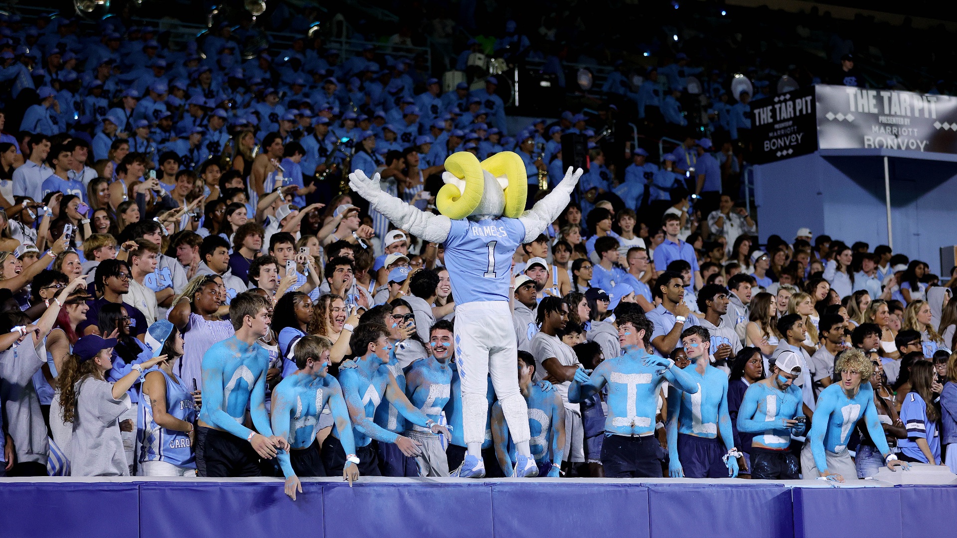 UNC mascot with the Tar Pit student section